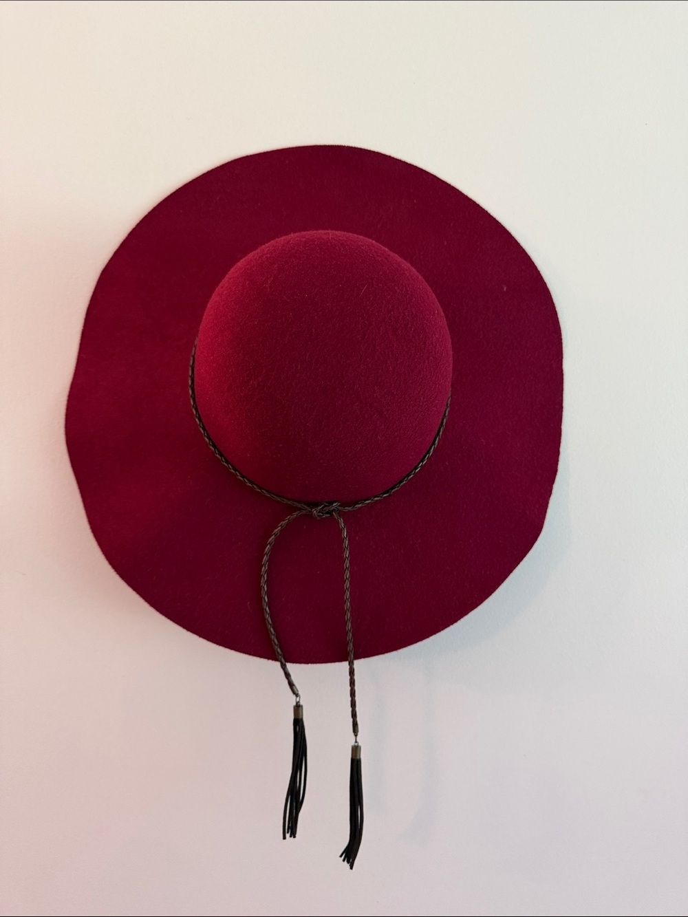 Vintage Wide Brim Felt Floppy Hat in Wine Red with Braided Tassel